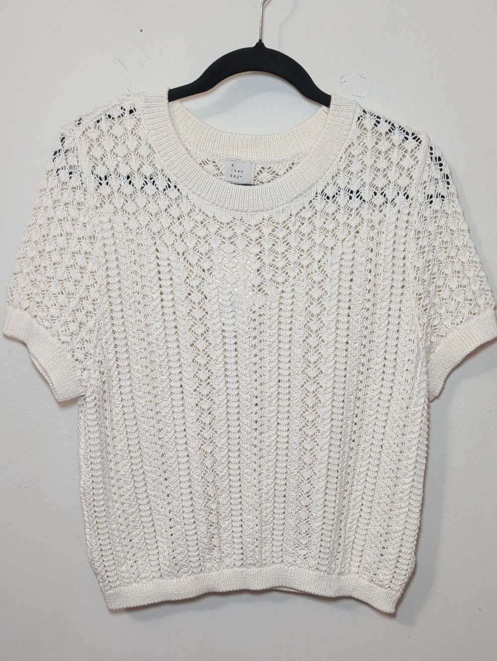 A New Day Crochet Short-Sleeve Sweater Cream Open Knit Cottagecore Womens Size L